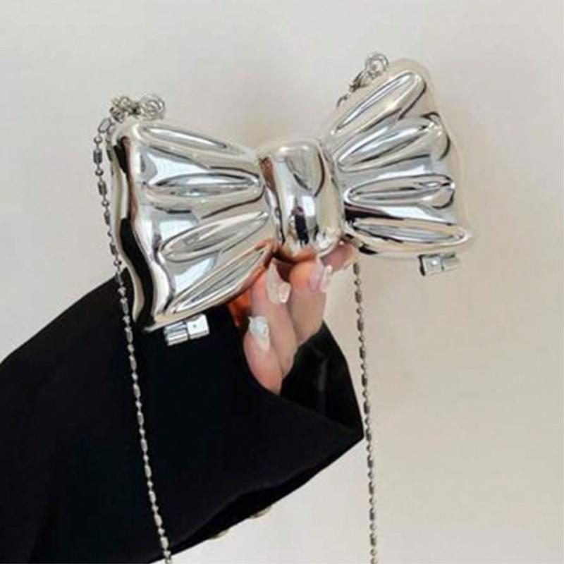 Mini Acrylic Electroplated Metallic Silver Shiny Bow Decor Clutch Bag, Versatile Women's Personalized Fashion Chain Lipstick Pouch