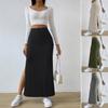 Women Ribbed Knitted Skirt High Elastic Waist Slit Retro Long Skirt