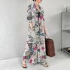 Ladies Dress Loose Colorful Flower Print Ankle Length Long Sleeve Pockets A Line Lapel Single Breasted Soft Breathable Fall Spring Maxi Dress