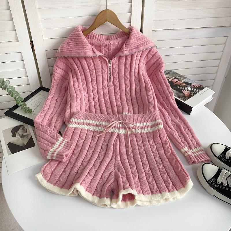 Autumn Winter Women Casual Twist Knitted Sweater Pant Two Piece Set Full Sleeve Zipper Pullover Tops and Elastic Waist Shorts Tracksuit