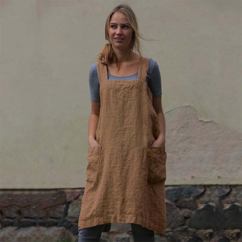 Women's Summer Casual Cotton Linen Solid Apron Long Waist Home Clothes Loose Long Dress