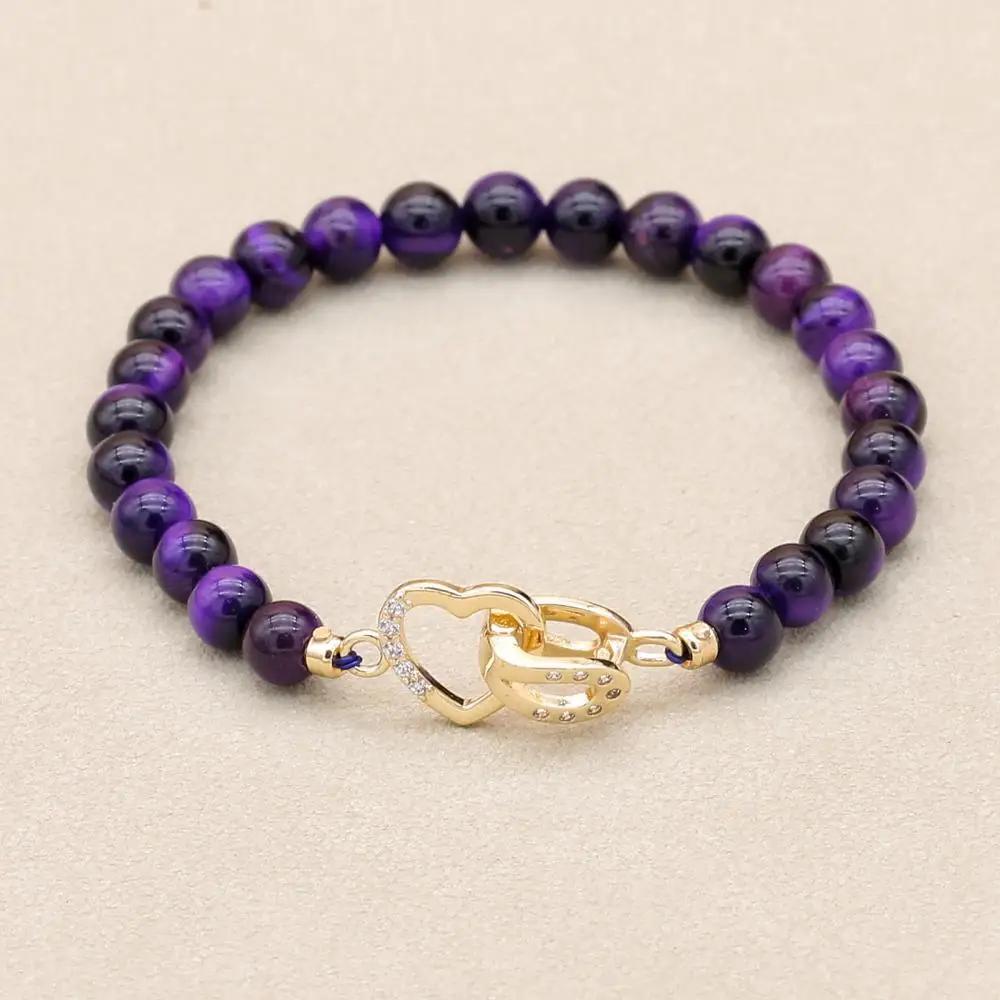 6mm Blue Tiger Eye Beads Copper Heart Shape Beaded Strand Bracelet & Bangle Women Men Lover Handmade Jewelry Valentine's Gifts