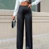Women Pants Mid-rise Solid Color Loose Fit Wide Leg Design Long Trousers Smooth Satin Casual Trousers Daily Wear