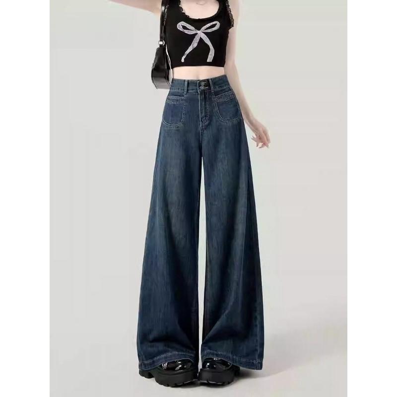 2025 Dark Blue High Waist Wide Leg Jeans Women's Summer Versatile Slimming Fall Clothes Loose Straight Pants Spring and Autumn