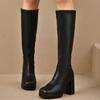 Platform Plus Size 42 Knee-High Boots Black Thick High Heels Square Toe Slip-On Black Sexy Thigh High Heels Womens Shoes