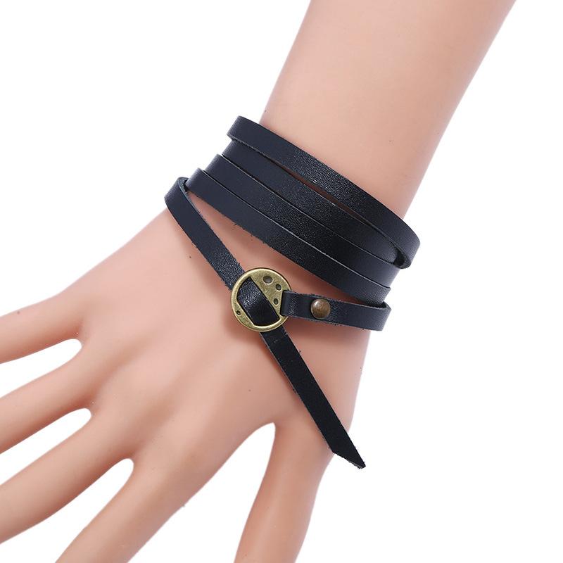 New Five Circle Embossed Cowhide Bracelet Vintage Simple Multi Loop Bracelet Fashion Buckle Leather Bracelet