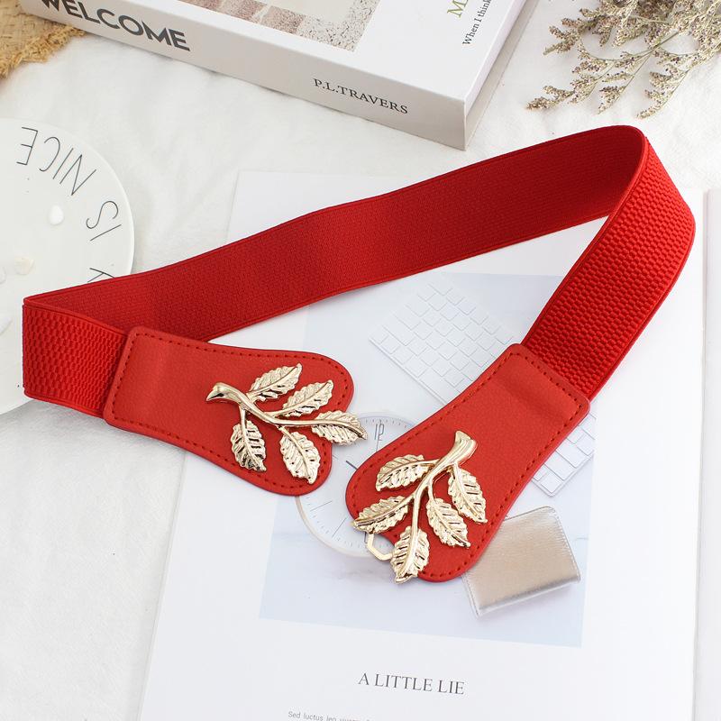 Gold Leaf Pair Buckle Elastic Belt Women'S Dress Decorative Fine Elastic Waist Seal Three Sizes