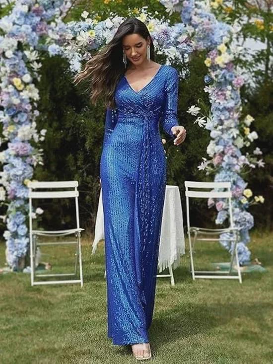 Spring Solid Color Sequin Long-Sleeve Evening Dress - 5 Colors