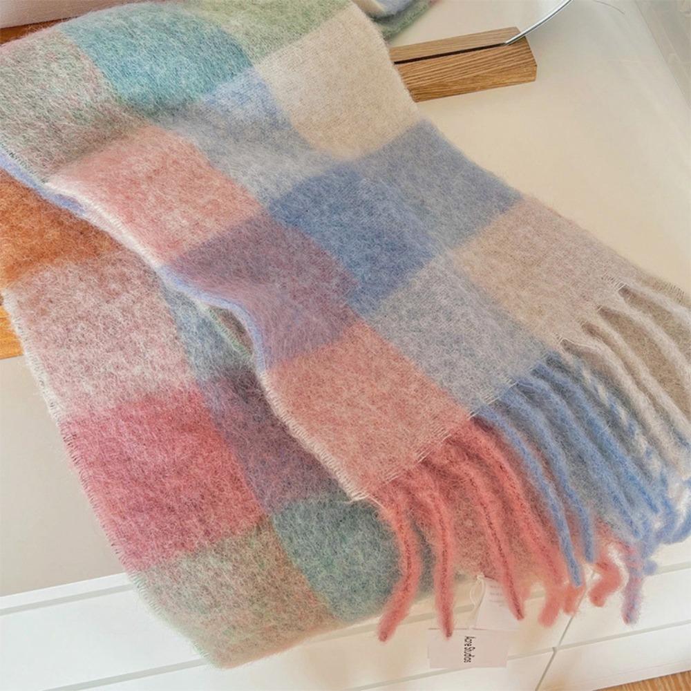 Versatile Four Color Cashmere Scarf Long Tassel Rainbow Winter Plaid Shawl Gradient Tie Dye Scarf
