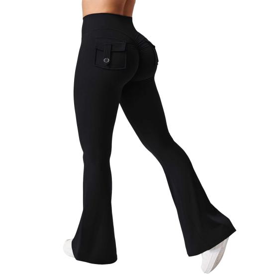 Women Yoga Pants Solid Color Slim Fit Flared Pants with Pockets Thin