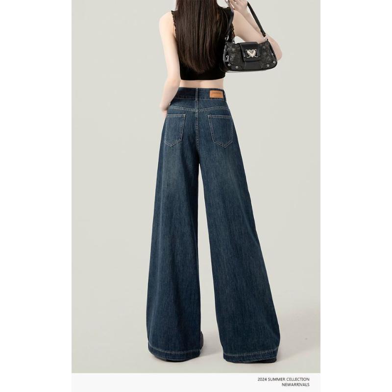 2025 Dark Blue High Waist Wide Leg Jeans Women's Summer Versatile Slimming Fall Clothes Loose Straight Pants Spring and Autumn