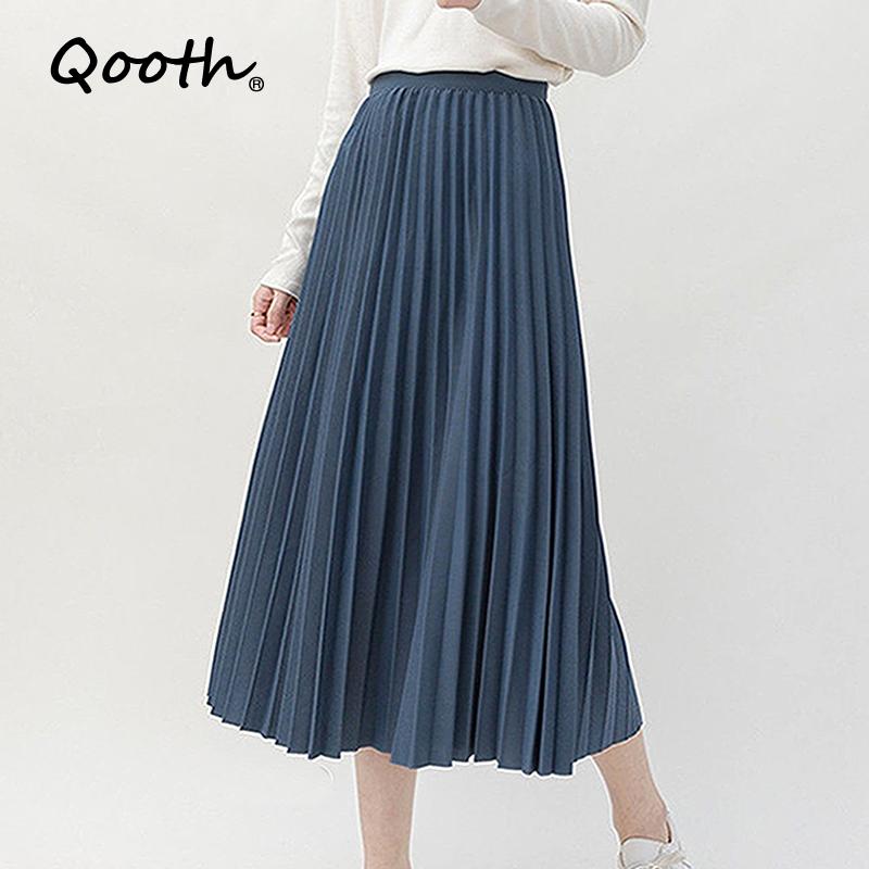 Qooth Elegant A Line Pleated Skirt Spring Summer Long Skirt Women Casual High Waisted Maxi Skirts JM0001