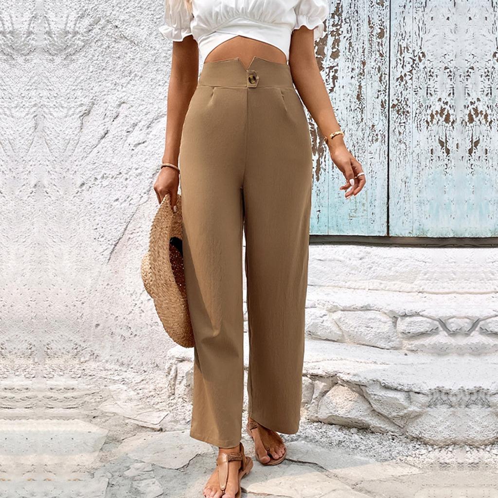 Ladies Casual Fashion Solid Color Casual Pants Button Mid-Rise Trousers