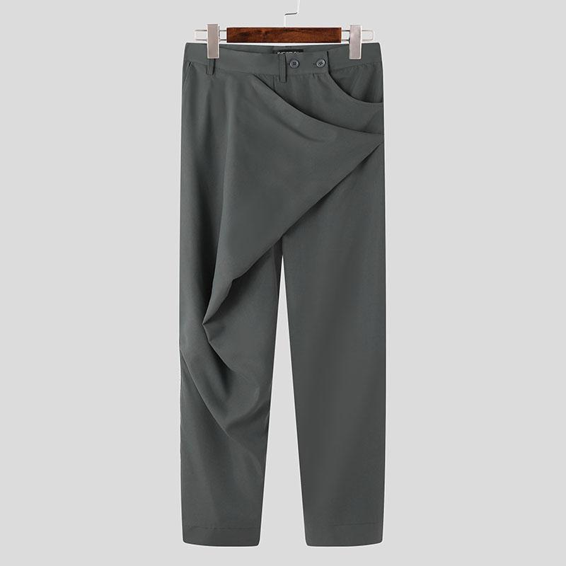 INCERUN Men Autumn Spring Solid Color Zipper Waist Trousers Casual Irregular Wide Leg Pants