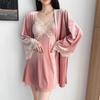 New Autumn Velvet 3PCS Pajamas Set Sleepwear Sexy Lace Trim Bath Robe Nightgown Loose Casual Velour Home Clothes Loungewear