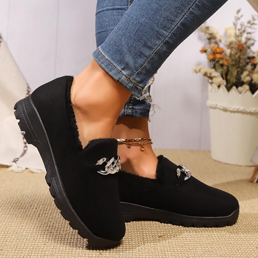 Chain Decor Thick Plush Flats Shoes for Women Winter Comfort Warm Casual Shoes Woman Solid Color Soft Sole Slip On Loafers