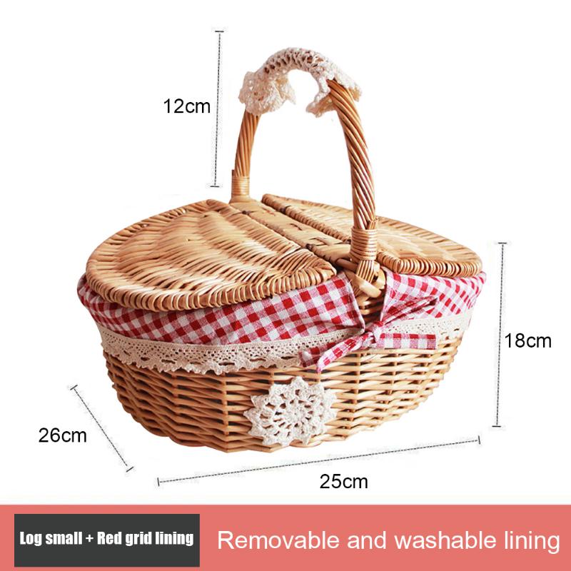 Handmade Large Wicker Basket Handle Picnic Bag Willow Woven Storage Hamper Double-Lid Camping Outdoor Fruit Holder Organizer