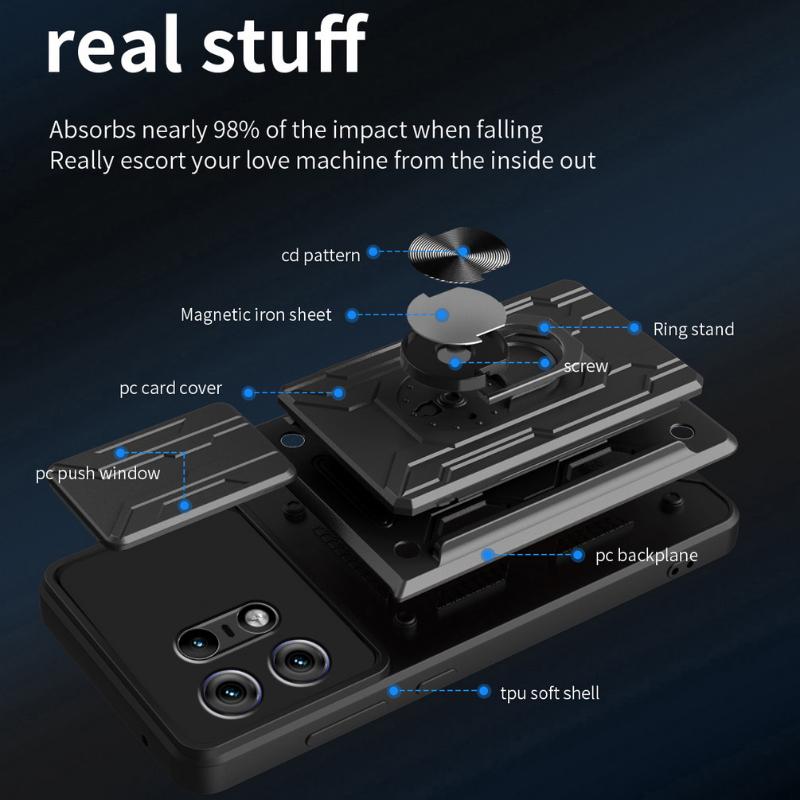 Slide Lens Camera Shockproof Armor Case for Moto Edge 50 Pro 40 Edge40 Pro Ultra Card Slot Wallet Ring Stand Holder Cover for Motorola Edge50 Pro