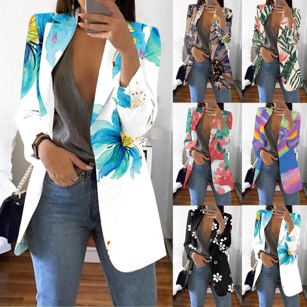 Women's Casual Fashion Print Lapel Long Sleeve Slim Fit Small Button Jacket