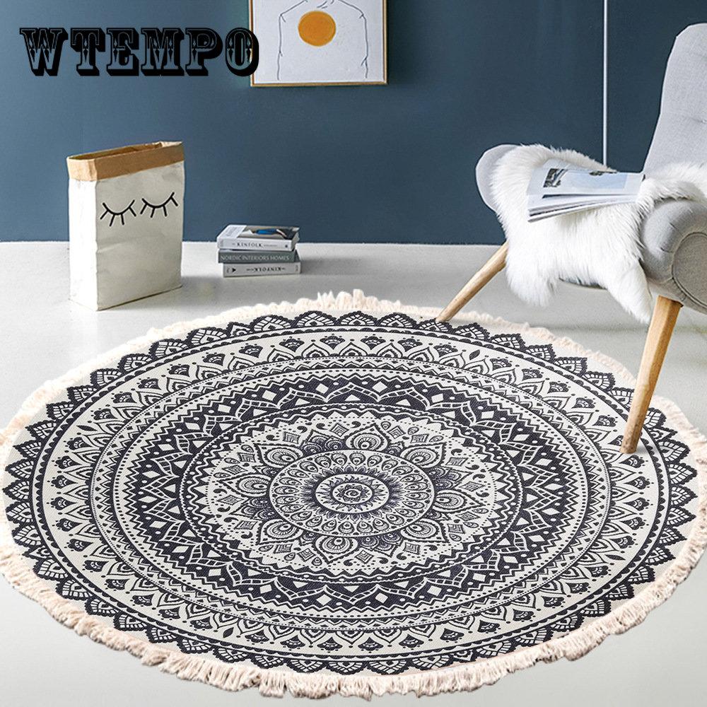 Скандинавские круглые ковры в богемном стиле с этническими кисточками, желтый ковер с мандалой для гостиной, хлопок и лен, большие коврики, современные классические коврики 120 см