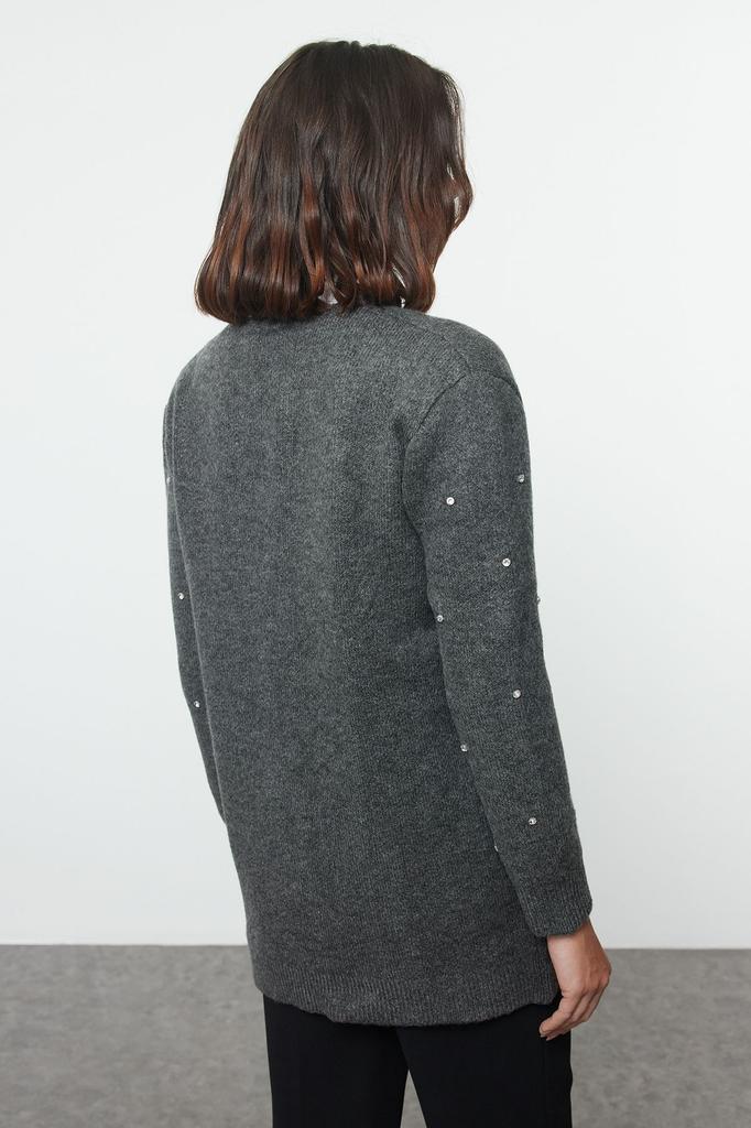 Women's Fashionable Stylish Hijab Cardigan Gray Stone Detailed Zippered Knitwear Cardigan