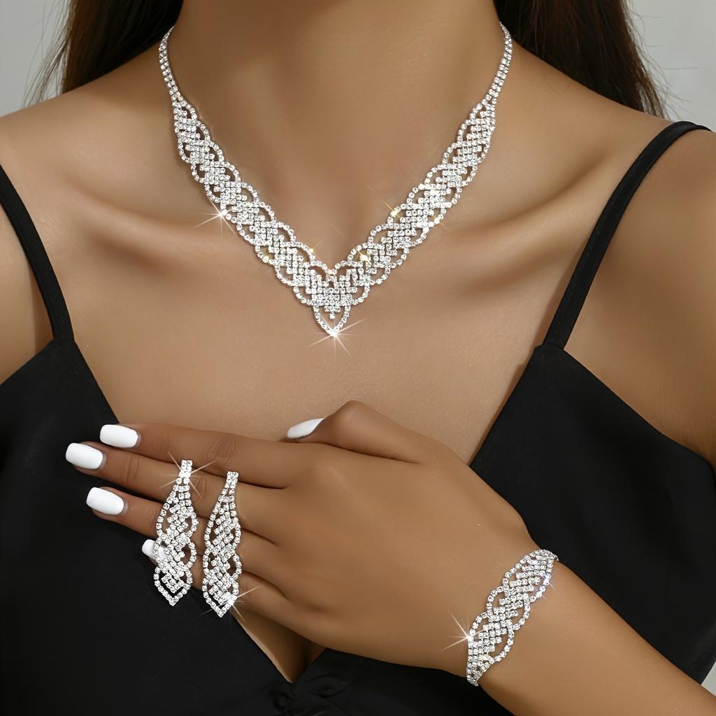 4-Piece Elegant Women's Luxury Necklace Earrings & Bracelet Jewelry Set Rhinestone Match Daily Outfits Party Accessories For Women