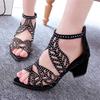 Fashion New Style Women Summer Hollow Out Faux Leather Rhinestones Thick Heel Zipper Sandals Shoes 2024