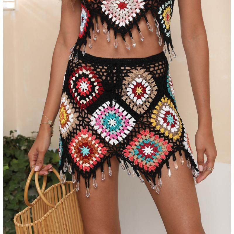 Plus Size Women's Beach Skirt Ethnic Random Mixed Colour Patchwork Pure Hand Hooked Tie Half Skirt