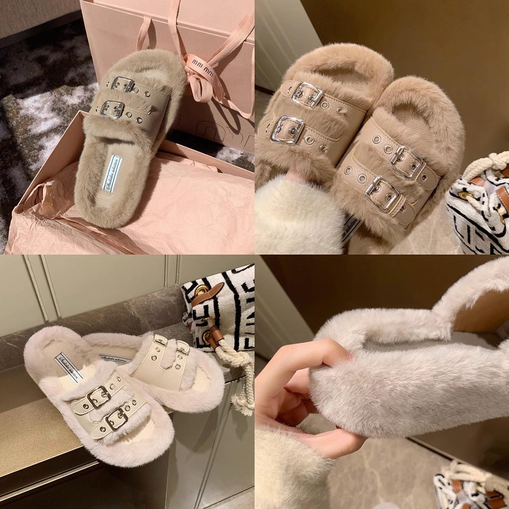 Double-breasted Flat Bottom Home Thick Bottom Fluffy Outer Wear Fluffy Slippers Women Autumn and Winter