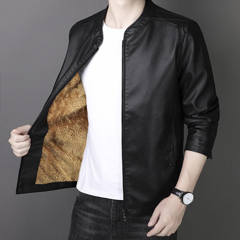 Men's Leather Jacket Spring and Autumn Middle and Young Motorcycle Style Trendy PU Leathe Jacket Plu Velvet Thickened Slim Stand Collar Jacket for Men
