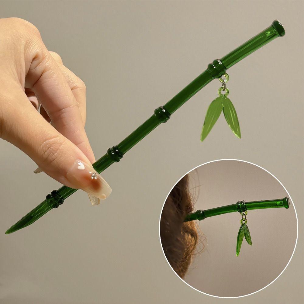 Green Hair Stick Bamboo Leaf Barrette Simple Chopstick Hairpin for Women