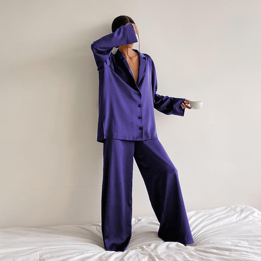 New Satin Silk Pajamas Low-cut Sexy Pajamas for Women Single-breasted Long-sleeved Wide-leg Pants Trousers Suit