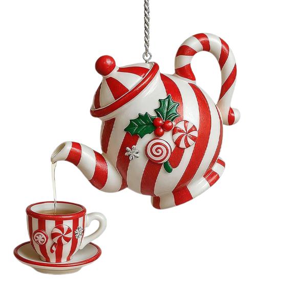 Christmas Teapot Ornament Holly Vintage Tea Cups And Pot Set Xmas Tree Hanging Ornaments 2D Acrylic Teapot Decor with Pouring Tea Effect