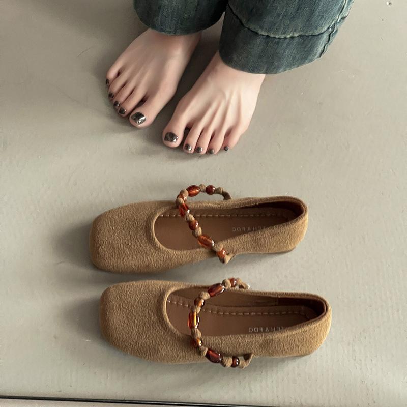 Beaded Flat Bottom Shallow Mouth Single Shoes Women's 2025 New Autumn Gentle Matching Skirt National Style Mary Jane Shoes Doudou Shoes