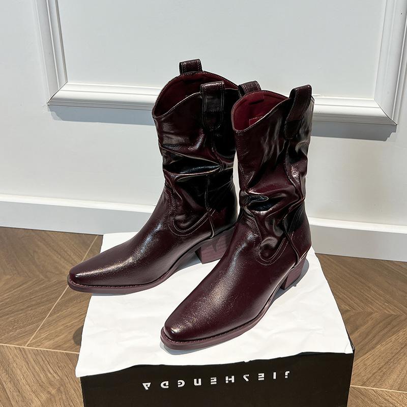 ~ Cm Heightening Pile Boots Women's Autumn Buckle Slim Maillard Thick Heel Mid Tube Martin Boots