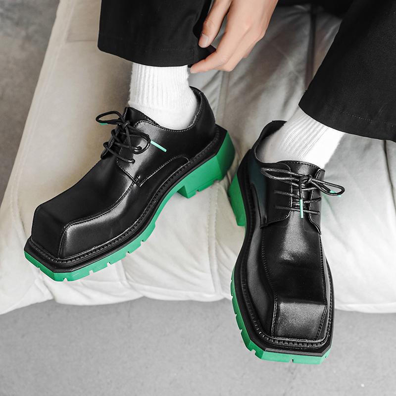 Fashion2024 Men's Japan Karajuku Korean Style Fashion Streetwear Thick Platform Casual Green Leather Shoes Lace Up Dress Leather Shoes