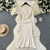Autumn Winter Women V-neck Full Sleeve Casual Knitted Pullover Sweater Long Midi Dresses