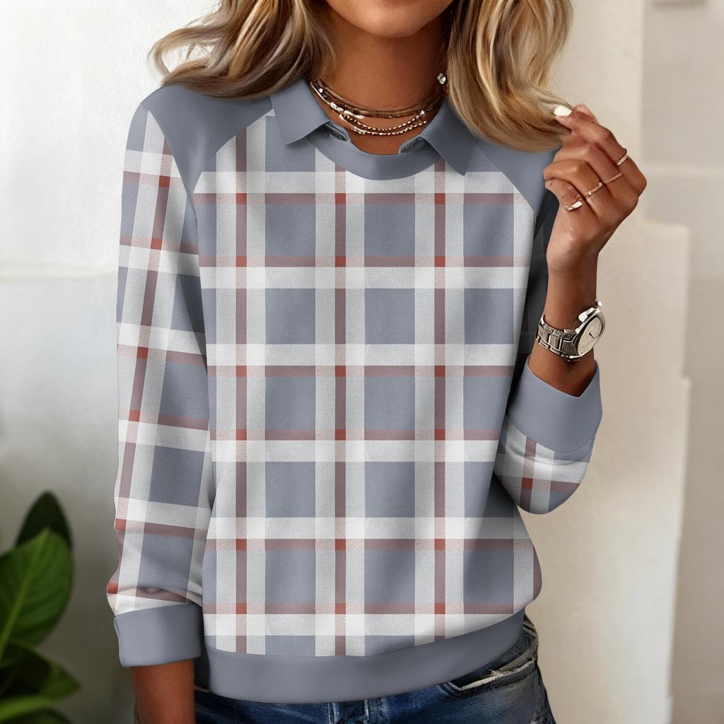 Ladies' Plaid Printed Casual Long Sleeved Sweatshirt Top