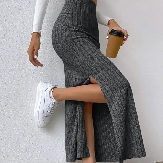 Women Skirt High Waist Knitted Elastic Thick Warm Ankle Length Striped Slim Fit Split Hem Soft Sheath Maxi Skirt