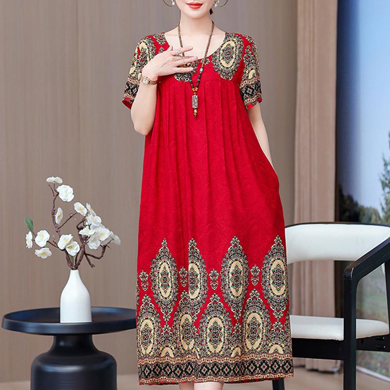 Elegant Long Dresses with Sleeves Plus Size Casual Loose Short Sleeve Vintage Dress for Women Summer Clothes