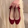 2025 Wedding Shoes Round Head Velvet Single Shoes Women's Medieval Bow High Heels