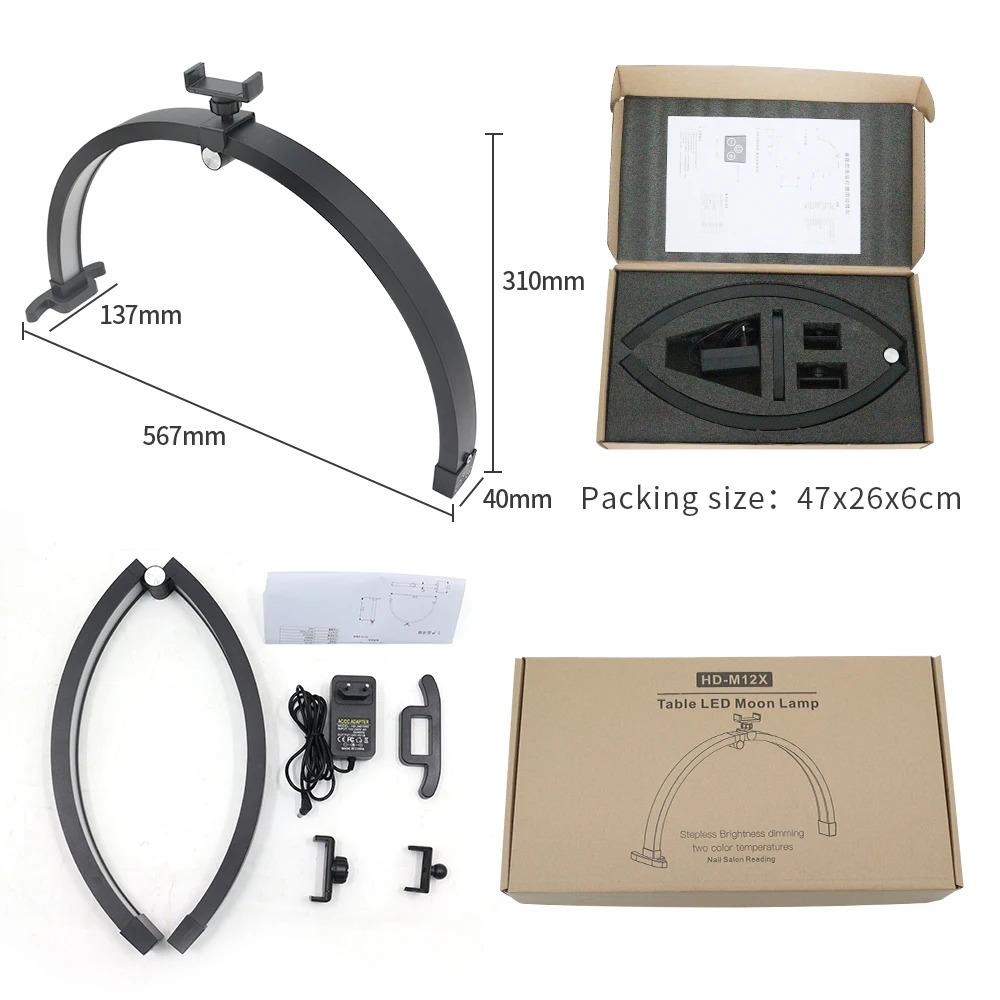 LED Half Moon Table Top Lamp Nail Repair Light 22 Inch 24W 3200-5600K Touch Control Foldable Beauty Lights with Phone Clip