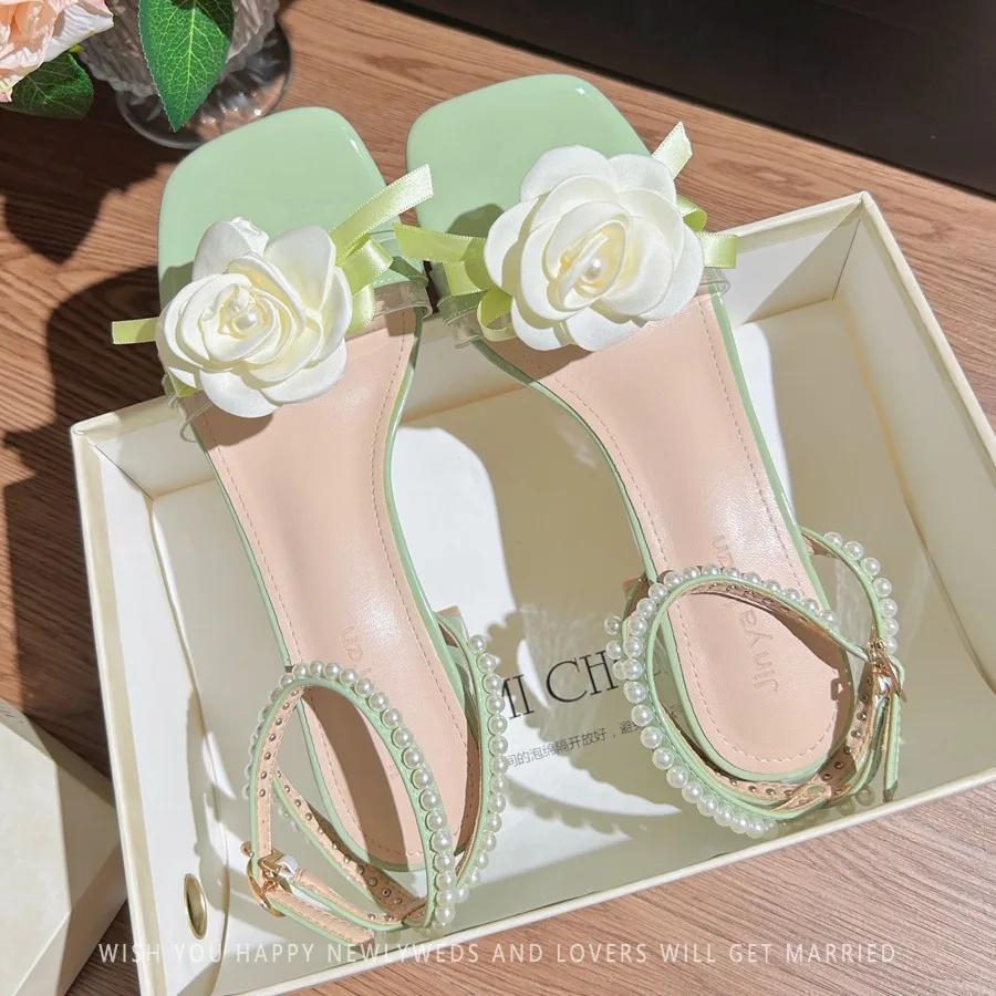 New Exquisite Women's Sandals Fairy Style Coarse Heel Flower Fashion Casual Women's Sandals Root Pearl High Heels Women's Shoes