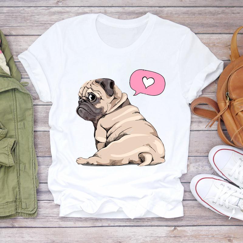 Women Printing Short Sleeve Tshirt Dog Pug Love Cute Casual Fashion Clothes  T Tee Top Print  Female Clothing Graphic T-shirt