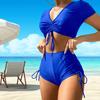 2Pcs/Set Women Summer Bikini Set V Neck Short Sleeve Tops High Waist Drawstring Swimming Trunks Solid Color Quick Drying Swimsuit