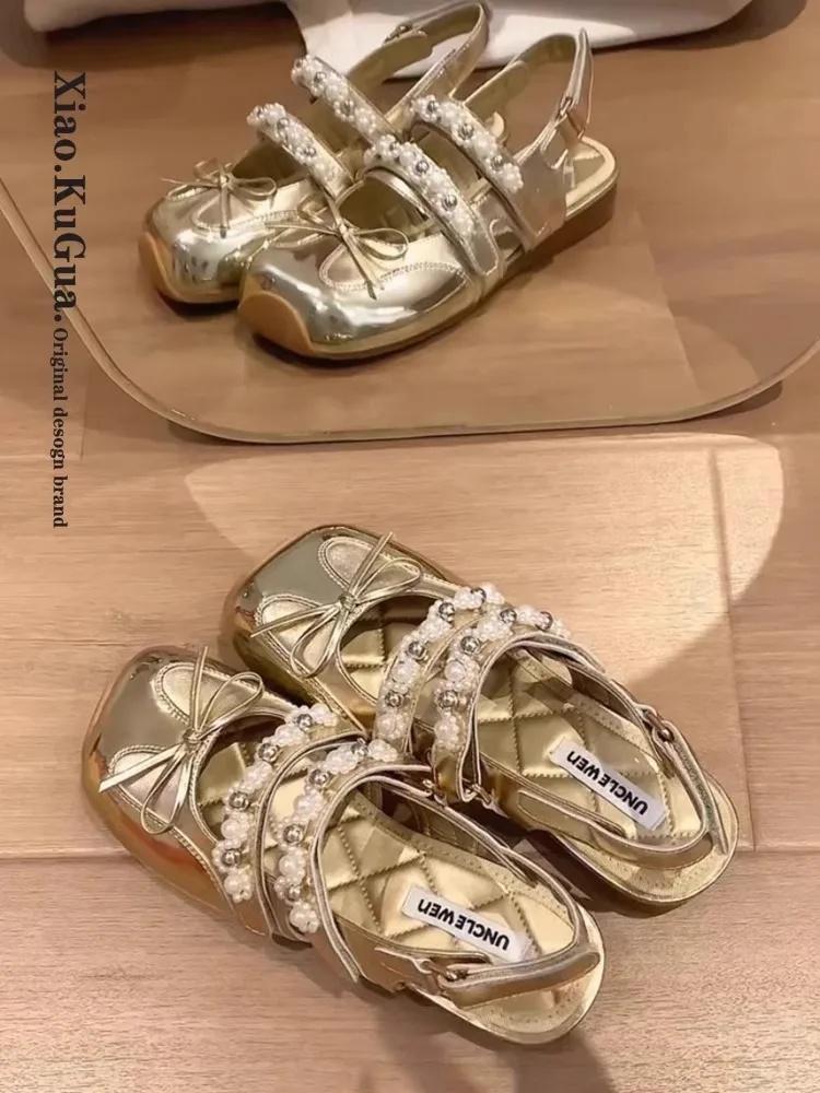 Fashion Summer New Women's Pearl Knot Sandals Flat Bottom Mary Janes Retro Style Rubber Sole Comfortable Slip-On Shoes for Dress