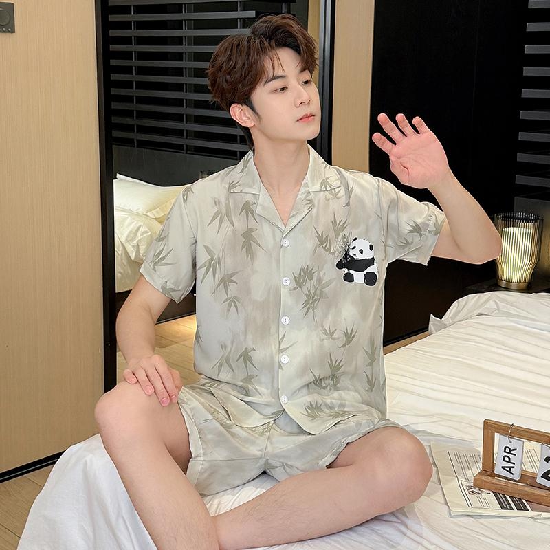 2025 Summer Thin Ice Silk Pajamas Men's Comfortable Short-sleeve Plus Size Home Wear Sleepwear Suit Teenagers Leisure Outdoor Can Be Worn Outside