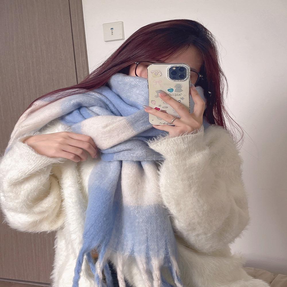 Versatile Four Color Cashmere Scarf Long Tassel Rainbow Winter Plaid Shawl Gradient Tie Dye Scarf