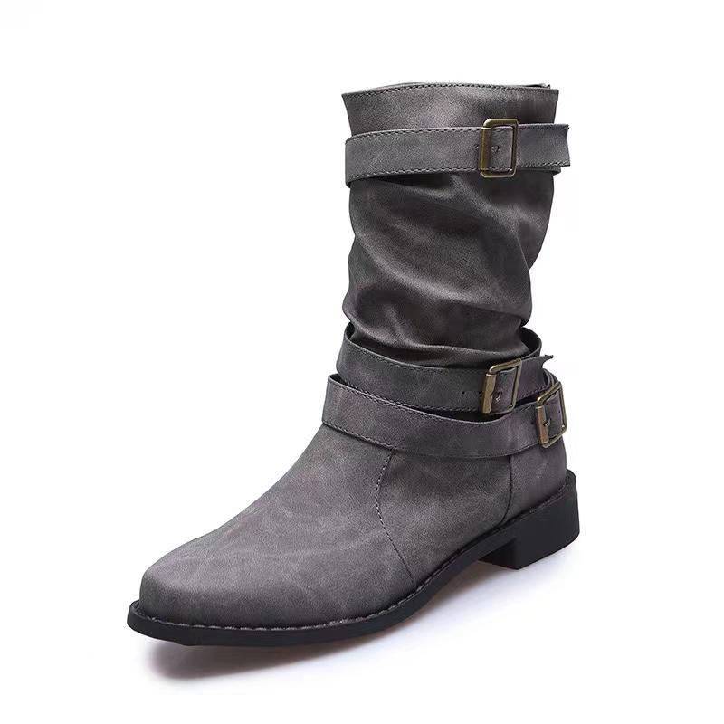 New Mid Calf Boots Women Autumn Winter Fashion Buckle Westward Ladies Chelsea Botas Mujer Round Toe Ladies Boots D105