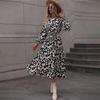 Women Casual A-Line Dress Leopard Print Long Sleeve High Waist O-Neck Lace Up Ankle-Length Spring Dresses